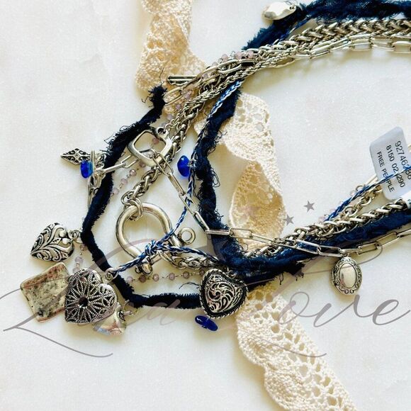 FREE PEOPLE Maggie May Layered Necklace In Silver & Blue NWT - Picture 3 of 5